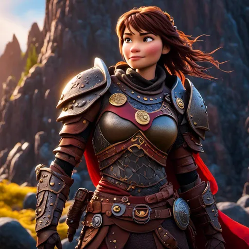 Prompt: <mymodel>CGI Animation of a viking female, brown hair in her face, hazel eyes, bright red gear and armor, she has heavy gauntlets on her hands with armored gloves, yellow highlights and textures, standing in a viking village, intricate details, high quality, digital painting, cool tones, dramatic lighting