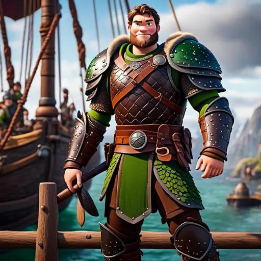 Prompt: <mymodel>Male viking warrior, standing on the viking docks, ((green dragon)), short brown hair, green eyes, green armor, brown gear, brown pants, brown boots, historical, strong and natural lighting