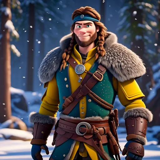 Prompt: <mymodel>CGI Animation, 20-year-old-old pirate man, a snowy scene, {{yellow gear, blue armor}}, brown hair, dreadlocks, subtle smile, beads hair, multiple braids, yellow gear, straight hair, green eyes, bracelets, rings on fingers, mercenary gear, unreal engine 8k octane, 3d lighting, close up camera shot on the face, full armor