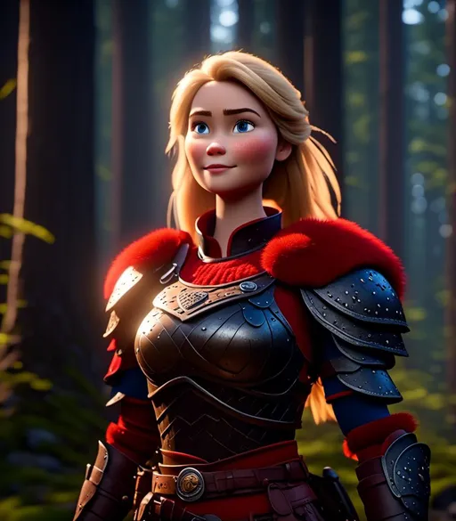 Prompt: <mymodel>CGI Animation, digital art, 20-year-old-old viking woman with light blue eyes standing in a dimly lit forest, blue clothes, red colored armor, blonde straight hair, subtle smile, unreal engine 8k octane, 3d lighting, cinematic lighting, camera shot of full armor from head to toe