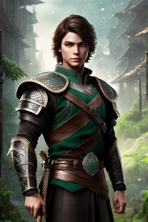 Prompt: he has short brown hair, slight smile, create most handsome fictional male prince viking warrior, short brown hair, light green eyes, extremely detailed environment, detailed background, intricate, detailed skin, professionally color graded, photorealism, 16k, moody lighting