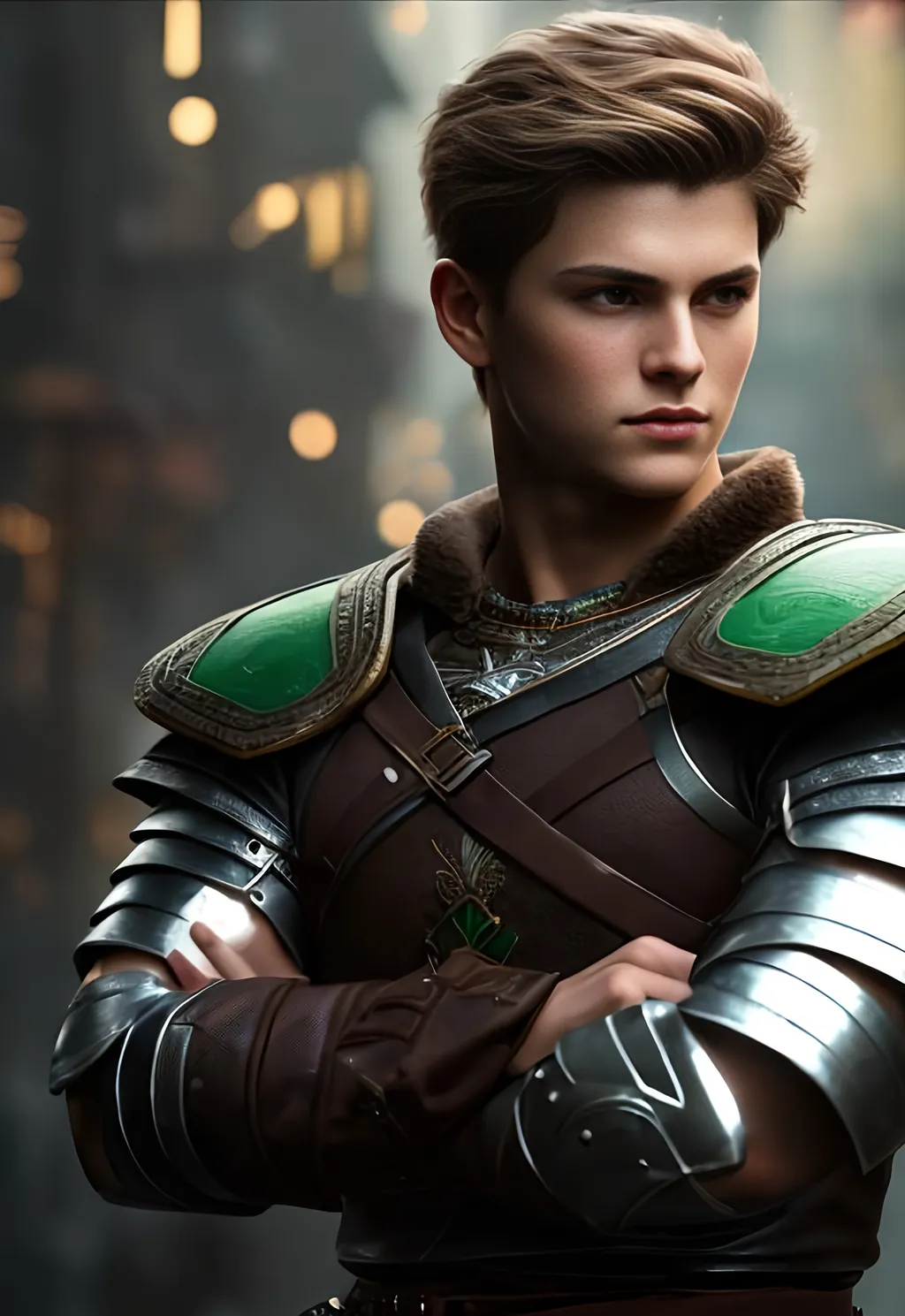 Prompt: he has short brown hair, create most handsome fictional male prince viking warrior, short brown hair, light green eyes, extremely detailed environment, detailed background, intricate, detailed skin, professionally color graded, photorealism, 8k, moody lighting