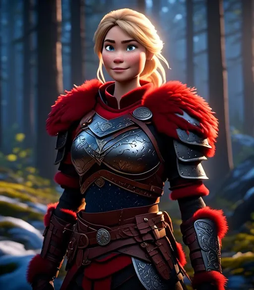 Prompt: <mymodel>CGI Animation, digital art, 20-year-old-old viking woman with light blue eyes standing in a dimly lit forest, blue assassin's creed clothes, red colored armor, blonde straight hair, subtle smile, unreal engine 8k octane, 3d lighting, cinematic lighting, camera shot of full armor from head to toe