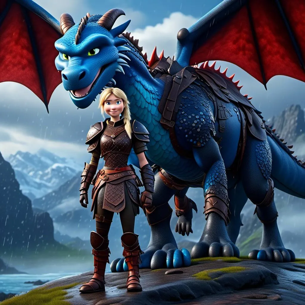 Prompt: <mymodel>CGi Animation, 20-year-old viking woman with blue eyes, a rainy scene, she is standing next to a bright blue dragon with red highlights, they are both in the rain, the viking woman has a subtle smile, blonde hair in a ponytail style, she has blue gear, red armor, black pants, black boots