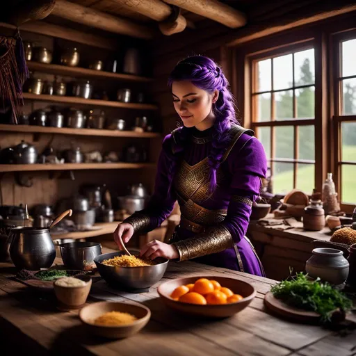 Prompt: Photo of <mymodel> working in the kitchen preparing food in her viking house