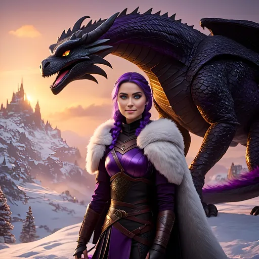 Prompt: Photo of <mymodel> standing next to her ((black)) razorwhip dragon from How to Train Your Dragon in the snow, she has light blue eyes, she is wearing a fur hood over her head, she is wearing a fur cape