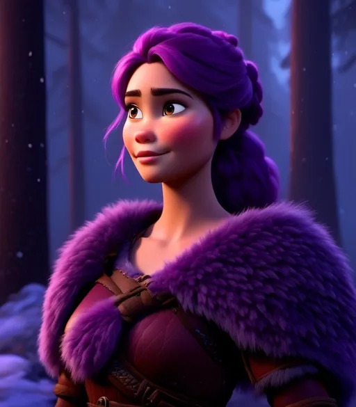 Prompt: <mymodel>CGI Animation, digital art, 20-year-old-old viking woman of royalty standing at night next to a tree with her hands resting on the bark, she is in a dimly lit thick forest with trees everywhere, dense fog, light blue eyes, {{black gear, purple armor}}, purple hair, single braid down her shoulder with a tiara, subtle smile, unreal engine 8k octane, 3d lighting, close up camera shot on the face, full armor