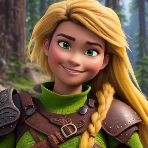 Prompt: <mymodel>CGi Animation, 20-year-old viking woman with one hair braid, subtle smile, blonde hair, light blue eyes, green gear, green armor, yellow clothes, yellow textures and highlights, unreal engine 8k octane, 3d lighting, full body, full armor