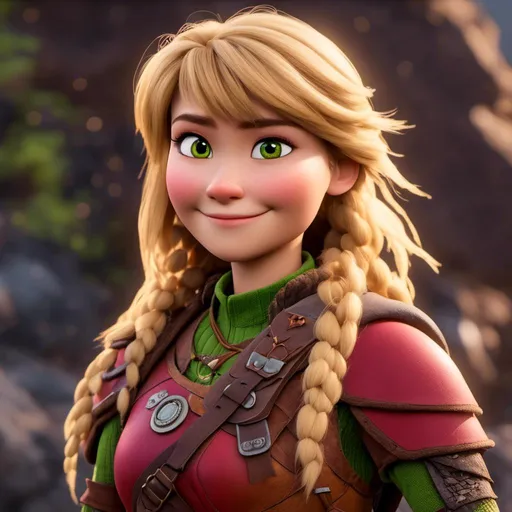 Prompt: <mymodel>CGi Animation, 20-year-old viking woman with one hair braid, subtle smile, blonde hair, light blue eyes, green gear, green armor, yellow clothes, red textures and highlights, unreal engine 8k octane, 3d lighting, full body, full armor