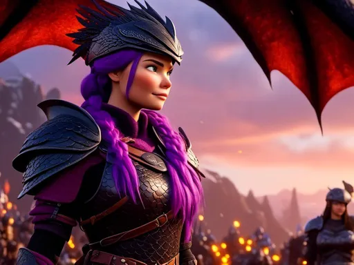 Prompt: <mymodel>CGI Animation, digital art, 20-year-old-old viking woman with light blue eyes and purple hair, intensely looking over battle orders with her troops, black dragon scale helmet covering face, dragon wings coming out from her back, armory lit with torches, black clothes, black dragon scaled colored armor, purple hair, single braid down her shoulder with a gold tiara, subtle smile, unreal engine 8k octane, 3d lighting, close up camera shot on the face, full armor