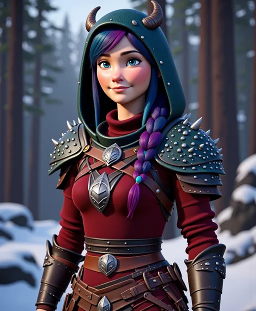 Prompt: <mymodel>CGI Animation, digital art, 20-year-old-old viking woman with violet eyes, Dark red Long sleeve shirt, skirt with dragon teeth on it, wears the snow wraith hood, ((dark dark blue hair with teal, pink and purple streaks)), standing snowy forest, subtle smile, unreal engine 8k octane, 3d lighting, close up camera shot on the face, full armor