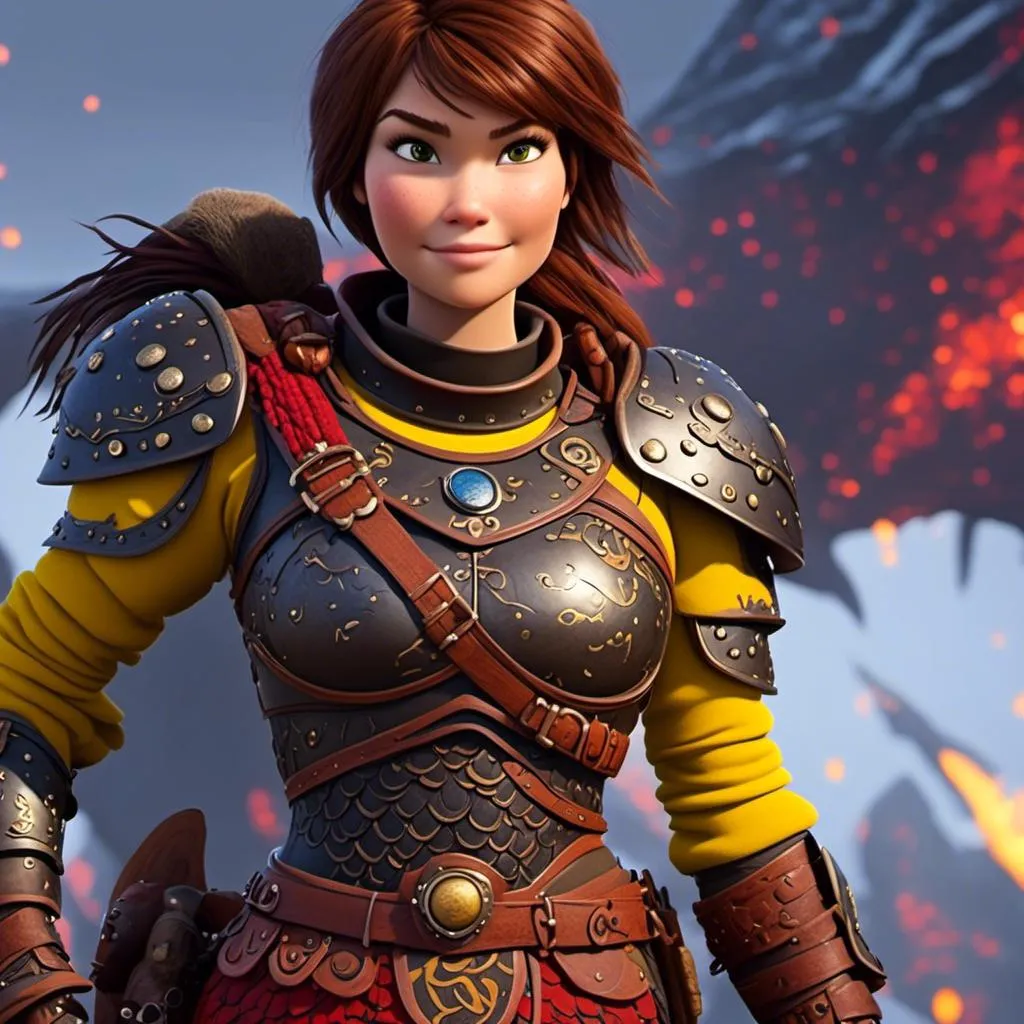 Prompt: <mymodel>CGI Animation of a viking female, brown hair, hazel eyes, bright red gear and armor, yellow highlights and textures, intricate details, high quality, digital painting, cool tones, dramatic lighting