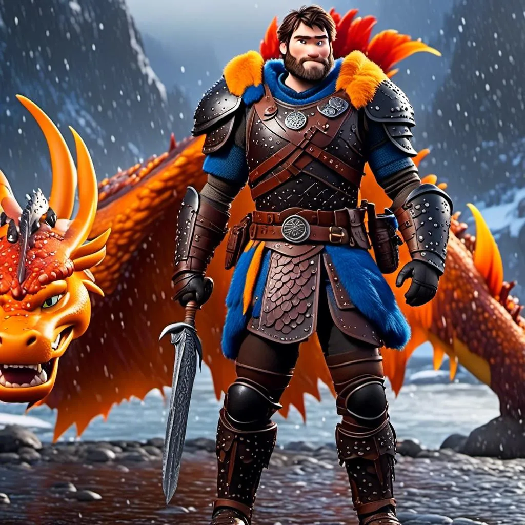 Prompt: <mymodel>CGi Animation, 20-year-old viking man with blue eyes, a rainy scene, the viking man has a subtle smile, black hair, he has orange gear, yellow armor with bursts of red splotches, black pants, black boots, he is standing next to a bright orange dragon with gold highlights, they are both in the rain