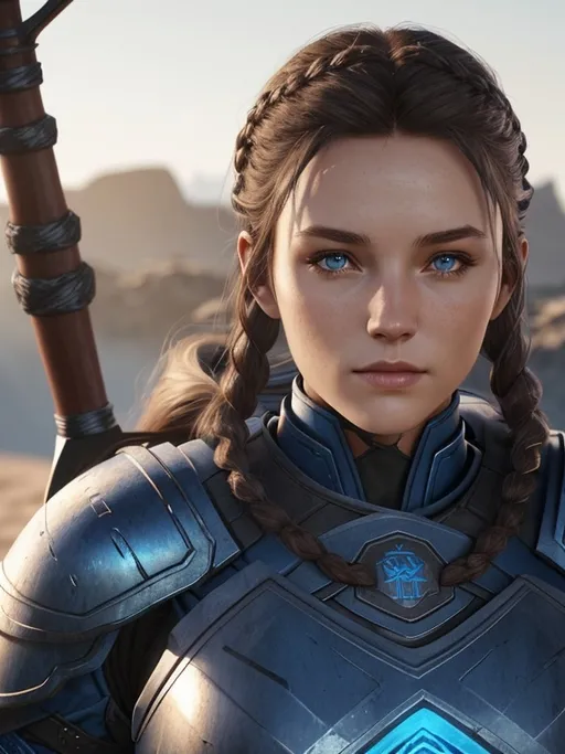 Prompt: Digital art, 18-year-old viking woman, blue gear, blue clothes, dark blue armor, brunette hair, two braids behind her back, dark brown eyes, unreal engine 8k octane, 3d lighting, full body, full armor