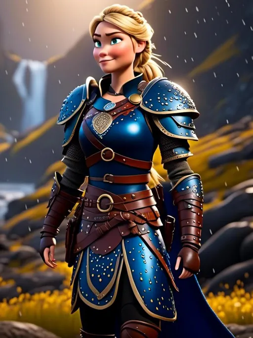 Prompt: <mymodel>CGi Animation, 20-year-old viking woman with blue eyes, ((she is wearing a royal tiara)), a rainy scene, the viking woman has a subtle smile with it pouring down rain, blonde hair in a ponytail style, she has blue gear, gold armor, black pants, black boots