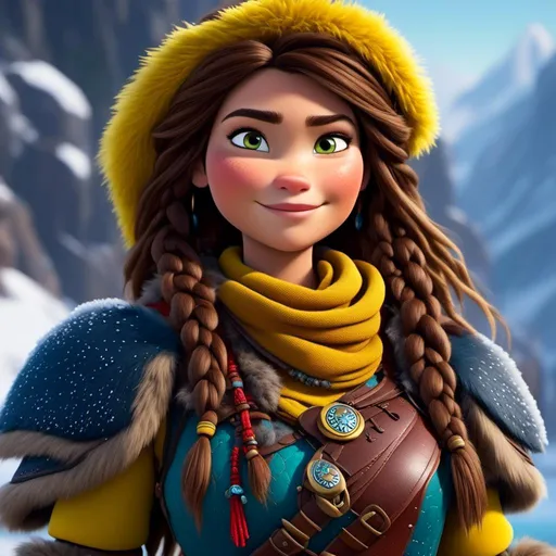 Prompt: <mymodel>CGI Animation, close up camera shot on the face, 20-year-old-old pirate woman, a snowy scene, {{yellow gear, blue armor}}, brunette hair, dreadlocks, subtle smile, beads hair, small red earrings, multiple braids, yellow gear, straight hair, green eyes, bracelets, rings on fingers, mercenary gear, unreal engine 8k octane, 3d lighting, close up camera shot on the face, full armor