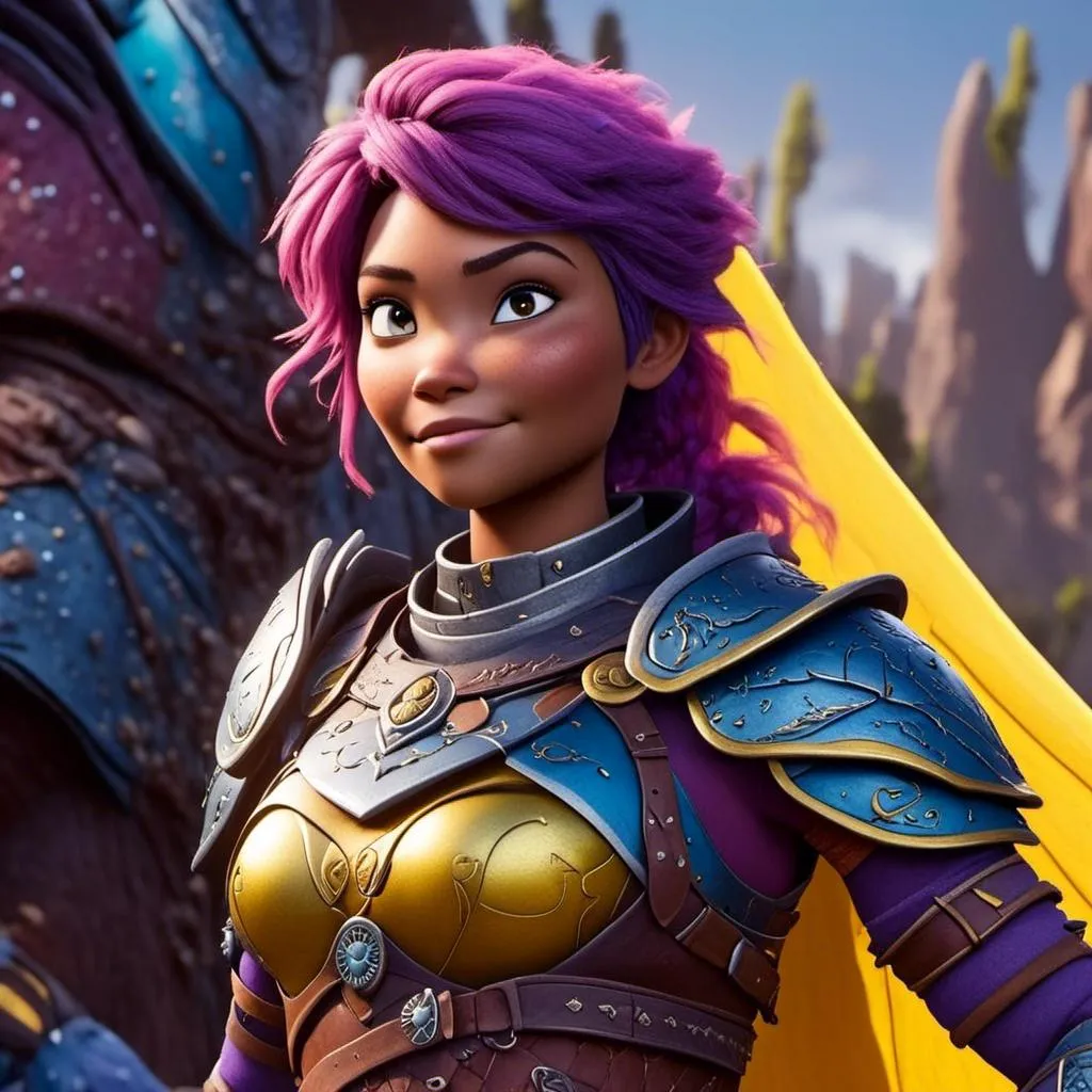 Prompt: <mymodel>CGI Animation of a viking female, purple hair, blue and yellow gear and armor, intricate details, high quality, digital painting, cool tones, dramatic lighting