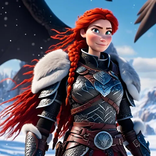 Prompt: <mymodel>High-quality CGI animation of a 40-year-old viking woman with red hair, wearing black gear and armor, standing on a snowy plain with a white dragon. White dragon with light blue highlights, woman with dreadlocks and braids, light blue eyes, snowy landscape, detailed visual effects, fantasy, snowy setting, cool tones, detailed character design, professional CGI, dramatic lighting, highres, detailed rendering