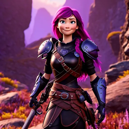 Prompt: <mymodel>CGi Animation, 20-year-old viking woman, long purple hair, one braid, caucasian, subtle smile, light blue eyes, black gear, bright purple armor, black textures and highlights, unreal engine 8k octane, 3d lighting, full body, full armor