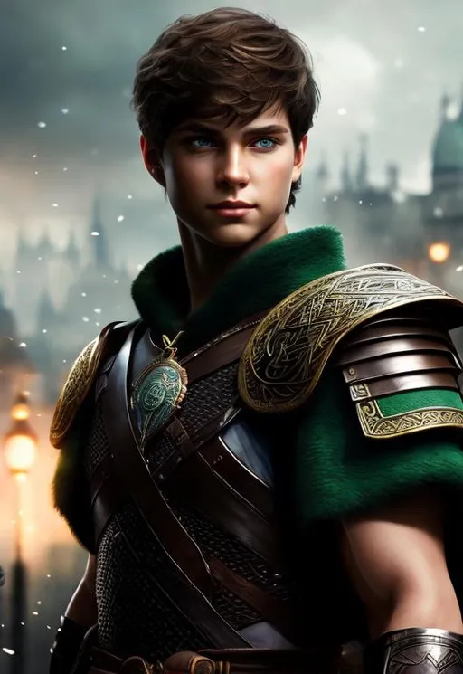 Prompt: he has short brown hair, slight smile, create most handsome fictional male prince viking warrior, short brown hair, light green eyes, extremely detailed environment, detailed background, intricate, detailed skin, professionally color graded, photorealism, 16k, moody lighting