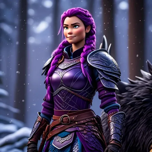 Prompt: <mymodel>a female viking warrior with purple hair, light blue eyes, single braid down shoulder, standing in a forest with her black Razorwhip dragon, adorned in regal purple armor, fierce and determined expression, fully body, cool tones, dramatic lighting, intricate detailing