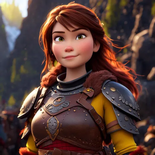 Prompt: <mymodel>CGI Animation of a viking female, brown hair in her face, hazel eyes, bright red gear and armor, yellow highlights and textures, standing in a viking village, intricate details, high quality, digital painting, cool tones, dramatic lighting