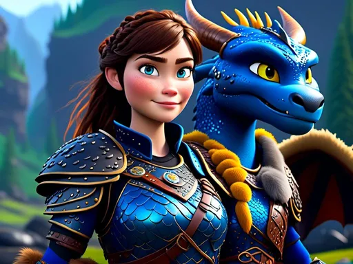 Prompt: <mymodel>CGi Animation, 20-year-old viking woman with blue eyes, a rainy scene, she is standing next to a bright blue dragon with gold highlights, they are both in the rain, the viking woman has a subtle smile, brunette hair in a two pony tail braids style, she has blue gear, gold armor, black pants, black boots