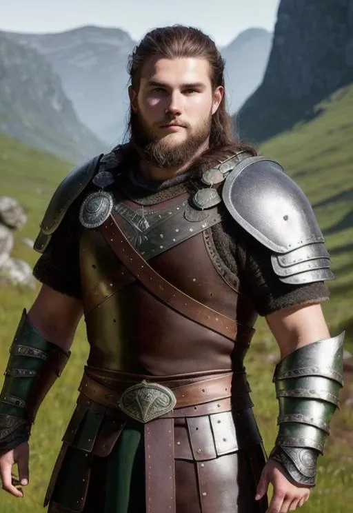 Prompt: Digital art, a 21-year-old viking man, subtle smile, round head, round face, short dark brown hair, brown hair, muscular, viking forest, green gear, silver armor, light green eyes, Tidal Class seal on chest armor, unreal engine 8k octane, 3d lighting.