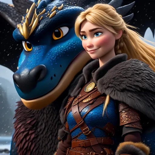 Prompt: <mymodel>CGi Animation, 20-year-old viking woman with blue eyes, a rainy scene, she is standing next to a bright blue dragon with gold highlights, they are both in the rain, the viking woman has a subtle smile, blonde hair in a pony tail style, she has blue gear, gold armor, black pants, black boots, unreal engine 8k octane, 3d lighting, full body, full armor