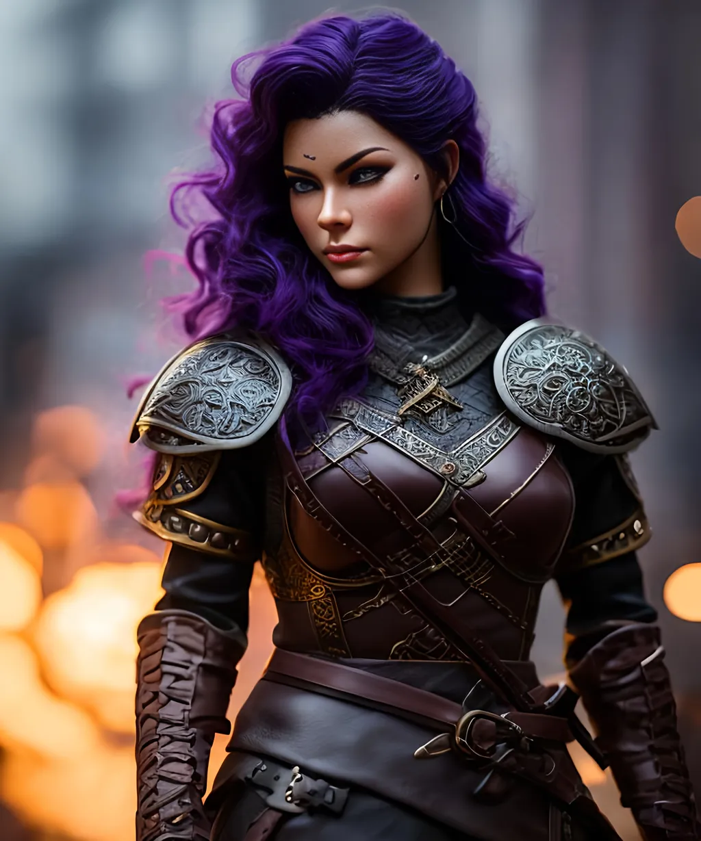 Prompt: she has dark purple hair, create most beautiful fictional female viking warrior, dark purple hair, light blue eyes, brown leather battle gear, extremely detailed environment, detailed background, intricate, detailed skin, professionally color graded, photorealism, 8k, moody lighting
