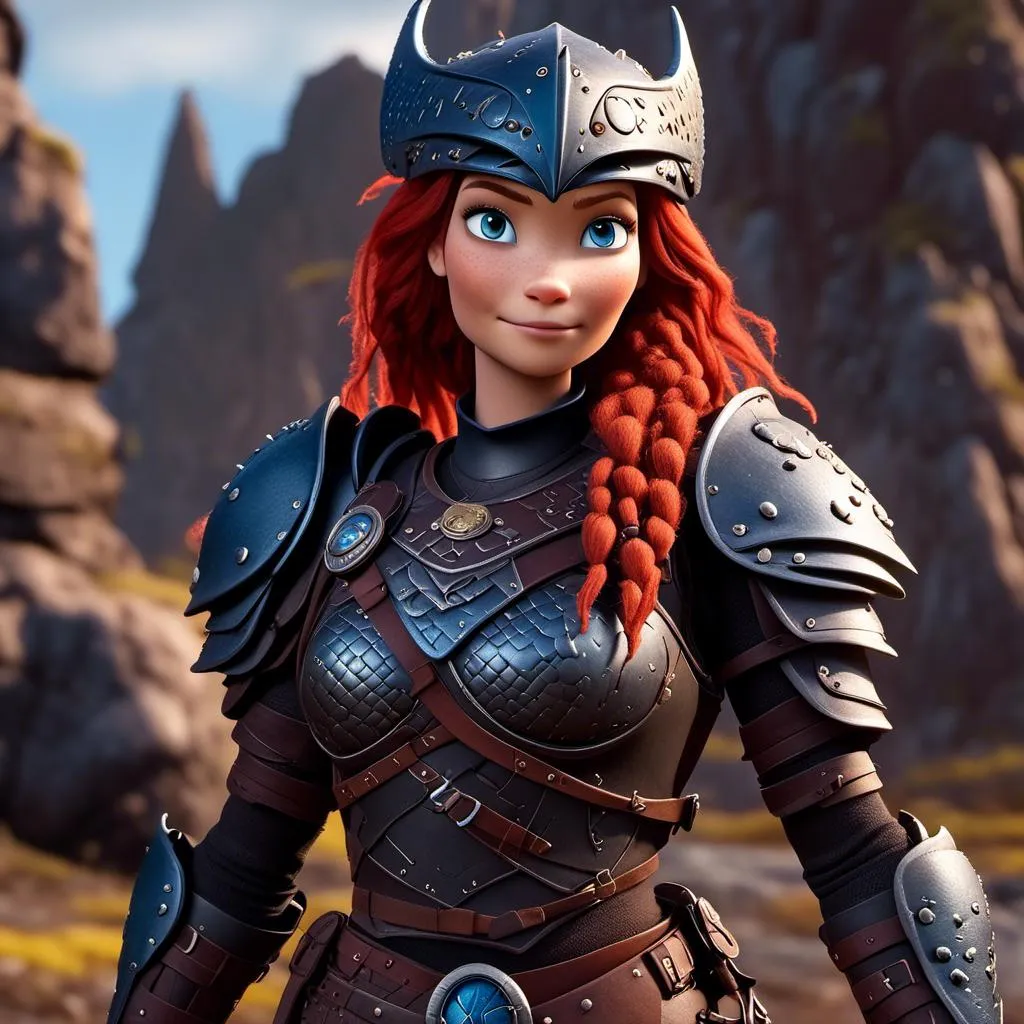 Prompt: <mymodel>CGI Animation of a viking woman of 40 years old, red hair with dreadlocks, blue eyes, all black gear and armor, leather highlights and textures, dragon scale textures and armor, intricate details, high quality, digital painting, cool tones, dramatic lighting