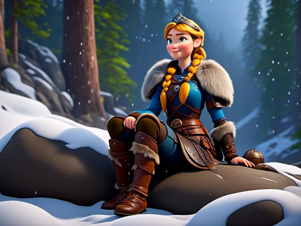 Prompt: <mymodel>CGi Animation, 20-year-old viking woman with blue eyes, ((she is wearing a tiara)), a rainy scene, she is sitting on a boulder in a forest, the viking woman has a subtle smile with it pouring down rain, blonde hair in a ponytail style, she has blue gear, gold armor, black pants, black boots