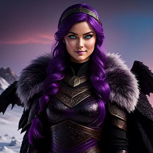 Prompt: Photo of <mymodel> standing next to her ((black)) razorwhip dragon from How to Train Your Dragon in the snow, she has light blue eyes, she is wearing a fur hood over her head, she is wearing a fur cape