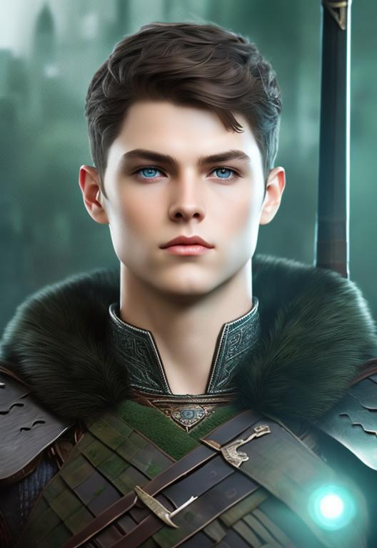 Prompt: he has short brown hair, create most handsome fictional male prince viking warrior, short brown hair, light green eyes, extremely detailed environment, detailed background, intricate, detailed skin, professionally color graded, photorealism, 16k, moody lighting