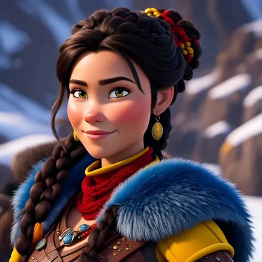 Prompt: <mymodel>CGI Animation, close-up portrait of the face, 20-year-old-old pirate viking woman sitting on a snow bank, a snowy scene, {{yellow gear, blue armor}}, black hair, an updo style of hair pulled back into a braid, subtle smile, beads hair, small red earrings, multiple braids, yellow gear, straight hair, green eyes, bracelets, rings on fingers, mercenary gear, unreal engine 8k octane, 3d lighting, close up camera shot on the face, full armor