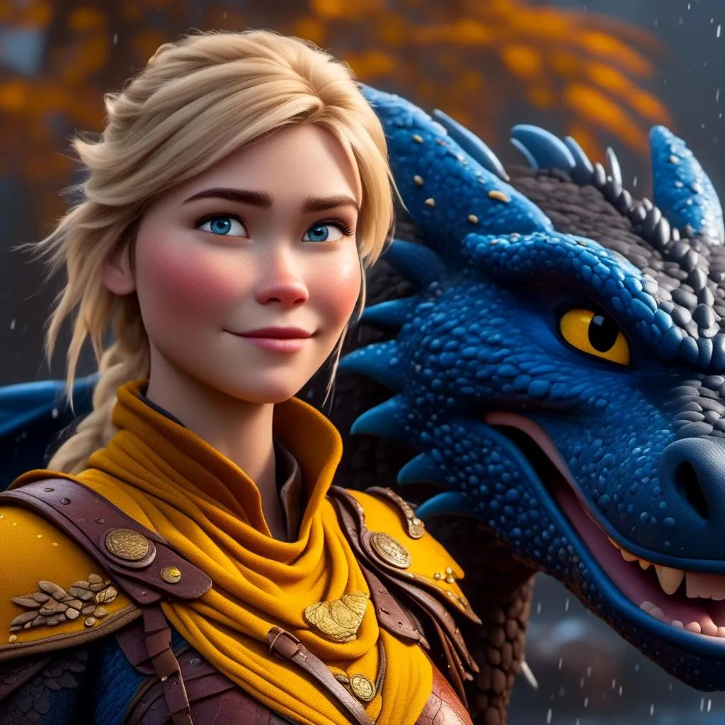 Prompt: <mymodel>CGi Animation, 20-year-old viking woman with blue eyes, a rainy scene, she is standing next to a bright blue dragon with gold highlights, they are both in the rain, the viking woman has a subtle smile, blonde hair, she has blue gear, gold armor, black pants, black boots, unreal engine 8k octane, 3d lighting, full body, full armor