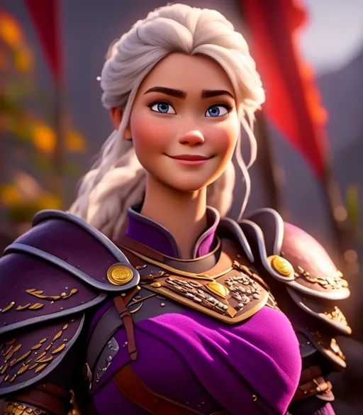 Prompt: <mymodel>CGI Animation, digital art, 20-year-old-old viking woman with light blue eyes, purple clothes, gold colored armor, white hair, single braid down her shoulder with a tiara, subtle smile, unreal engine 8k octane, 3d lighting, close up camera shot on the face, full armor