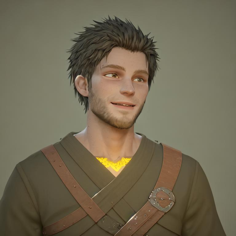 Prompt: Digital art, 25-year-old viking man, viking gear, black hair, short black stubble beard, subtle smile, hazel eyes, yellow viking gear, adventurer, unreal engine 8k octane, 3d lighting