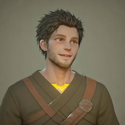 Prompt: Digital art, 25-year-old viking man, viking gear, black hair, short black stubble beard, subtle smile, hazel eyes, yellow viking gear, adventurer, unreal engine 8k octane, 3d lighting