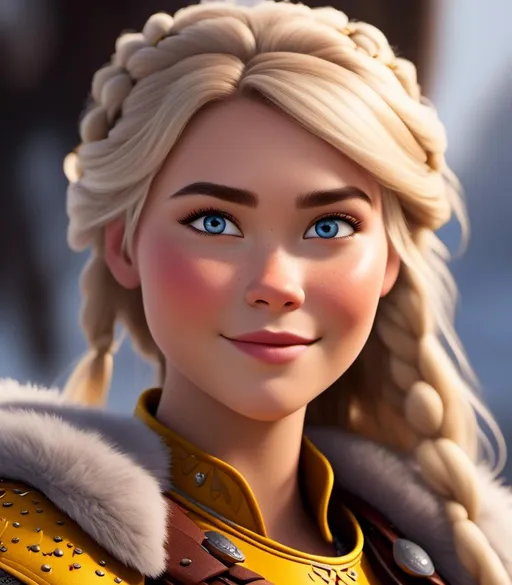 Prompt: <mymodel>CGI Animation, digital art, 20-year-old-old viking woman with light blue eyes, yellow clothes, gold colored armor, white hair, double braids down her shoulders with a tiara, subtle smile, unreal engine 8k octane, 3d lighting, close up camera shot on the face, full armor