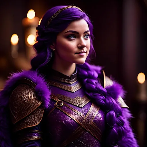 Prompt: A photo of <mymodel> with a heavy purple fur tunic in the The Great Hall from How to Train Your Dragon, ((she has a single hair braid down her shoulder))