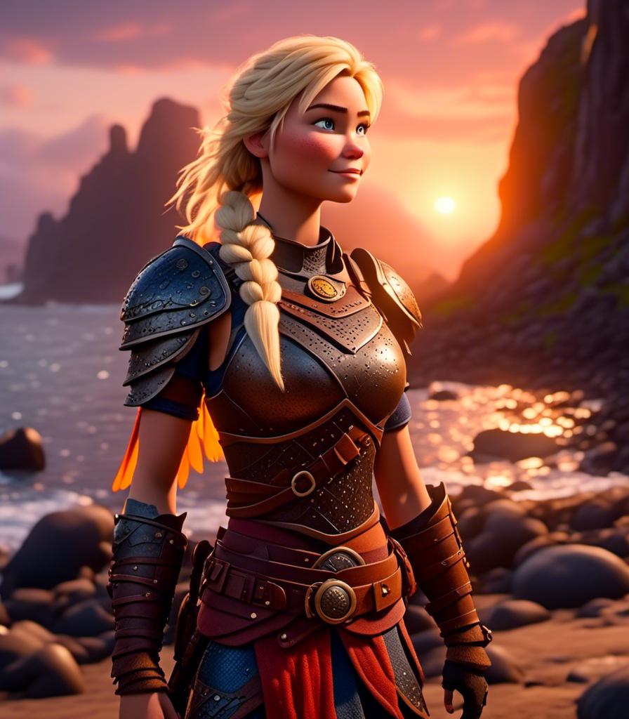 Prompt: <mymodel>CGI Animation, digital art, 20-year-old-old viking woman with light blue eyes standing around several hot springs on a beach, sunset lighting, blue clothes, blue colored armor, blonde straight hair, subtle smile, unreal engine 8k octane, 3d lighting, cinematic lighting, camera shot of full armor from head to toe