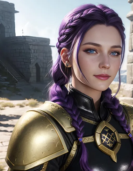 Prompt: Digital art, bright colors, subtle smile, 20-year-old woman viking, dark purple hair, one braid, light blue eyes, cut over left eye to on cheek bone, black gear, gold armor, unreal engine 8k octane, 3d lighting, full body, full armor, Adolph Friedrich Erdmann von Menzel 