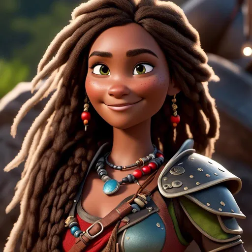 Prompt: <mymodel>CGI Animation, 20-year-old-old pirate woman, head is in rhe shape of an oval, {{brown gear, silver armor}}, brunette hair, dreadlocks, subtle smile, beads hair, small red earrings, multiple braids, straight hair, blue eyes, bracelets, rings on fingers, mercenary gear, unreal engine 8k octane, 3d lighting, full body, full armor