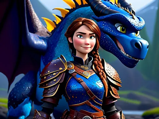 Prompt: <mymodel>CGi Animation, 20-year-old viking woman with blue eyes, a rainy scene, she is standing next to a bright blue dragon with gold highlights, they are both in the rain, the viking woman has a subtle smile, brunette hair in a two pony tail braids style, she has blue gear, gold armor, black pants, black boots