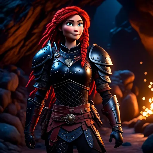 Prompt: <mymodel>CGI animation, 40-year-old woman, red hair, dreadlocks, braids, light blue eyes, black gear, black armor, standing in a shadowy cave, cinematic lighting