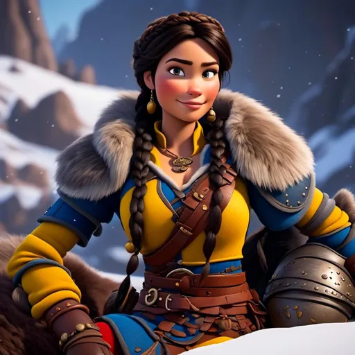 Prompt: <mymodel>CGI Animation, close-up portrait of the face, 20-year-old-old pirate viking woman sitting on a snow bank, a snowy scene, {{yellow gear, blue armor}}, black hair, an updo style of hair pulled back into a braid, subtle smile, beads hair, small red earrings, multiple braids, yellow gear, straight hair, green eyes, bracelets, rings on fingers, mercenary gear, unreal engine 8k octane, 3d lighting, close up camera shot on the face, full armor