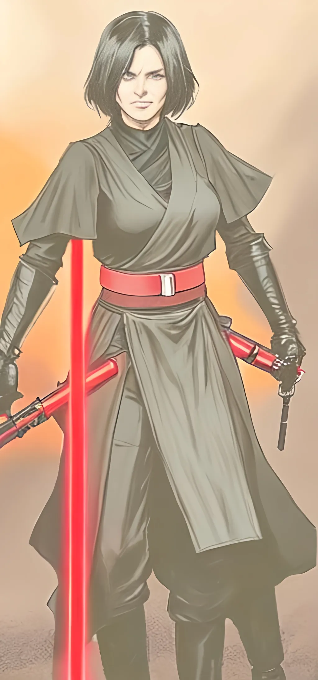 Prompt: A woman sith lord, black short-length hair, black short sleeve shirt, black vest past the waist, black belt, black pants, black boots, two lightsabers one red one light pink