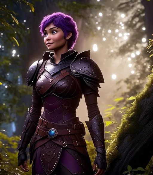 Prompt: <mymodel>CGI Animation, digital art, 20-year-old-old caucasian viking woman with light blue eyes, it is raining, she is of royalty standing at night next to a tree with her hands resting on the bark, she is in a dimly lit thick forest with trees everywhere, dense fog, {{black gear, purple armor}}, purple hair, single braid down her shoulder with a tiara, subtle smile, unreal engine 8k octane, 3d lighting, close up camera shot on the face, full armor