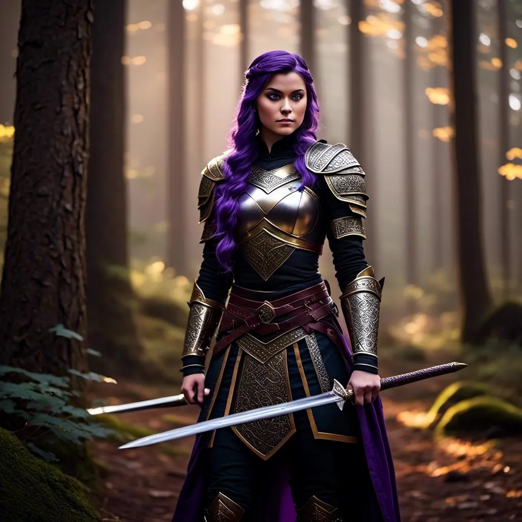 Prompt: Photo of <mymodel> with an intense look with her sword, she is standing in the forest